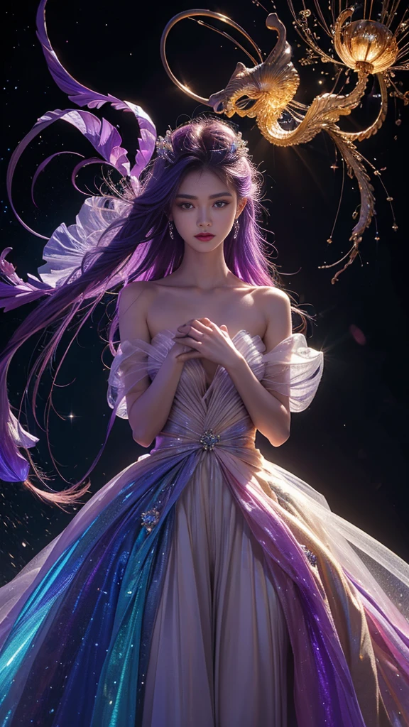 Full figure, seven -clinging shooting, 18 years old, wearing transparent science fiction dress, exquisite faces, details, hands, ultimate details, amazing magnificence, LED internal lighting, Pedaipan style, fiber hair, glowing rainbow iris, glowing rainbow iris,