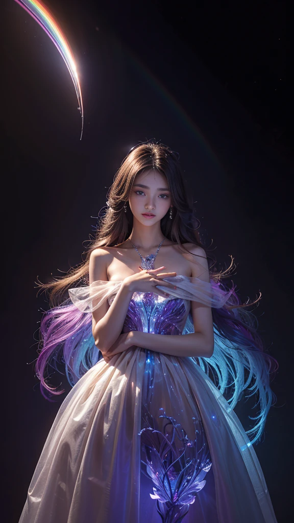 Full figure, seven -clinging shooting, 18 years old, wearing transparent science fiction dress, exquisite faces, details, hands, ultimate details, amazing magnificence, LED internal lighting, Pedaipan style, fiber hair, glowing rainbow iris, glowing rainbow iris,