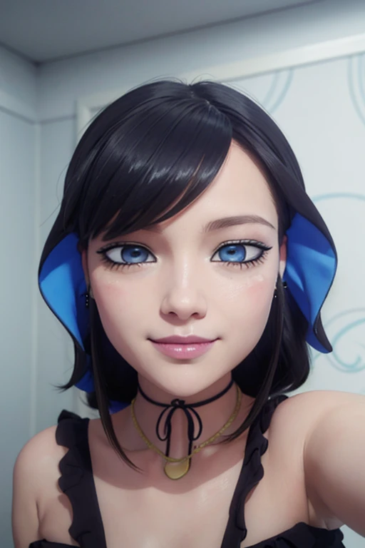 Cute girl with beautiful detailed face with black voluminous lips sensual and tender smile, looking at viewer stunning blue eyes white skin black eyeliner, Short black hair with bangs NSFW, perfect and detailed slim body