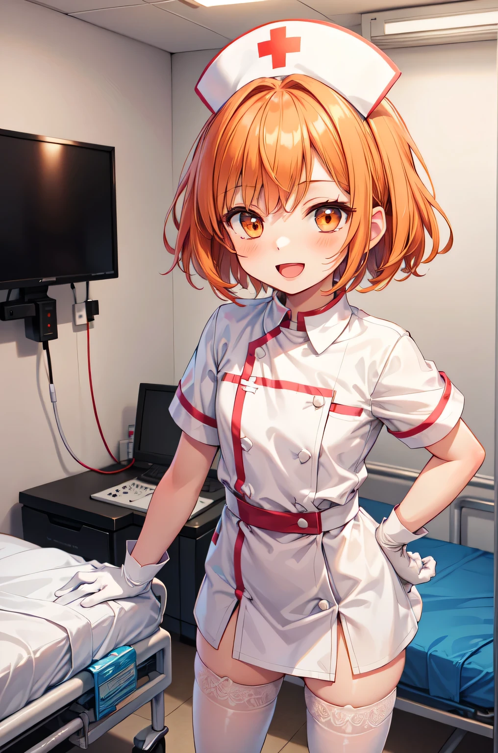1boy, solo, male focus, nurse, white nurse cap, white nurse uniform, ((white legwear, zettai ryouiki)), white gloves, short hair, orange hair, smile, open mouth, standing, ((hospital room)), sharp outline, short sleeves, shota, , best quality, masterpiece