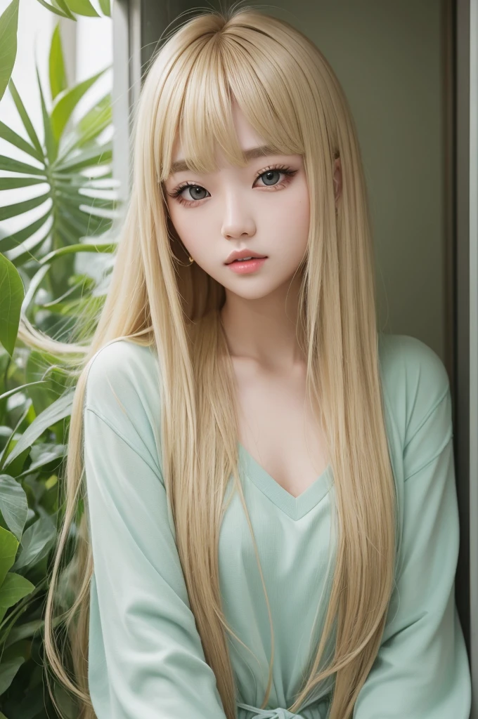 Make a 19-year-old Korean kpop idol with long blonde hair and bangs and greenish-brown eyes