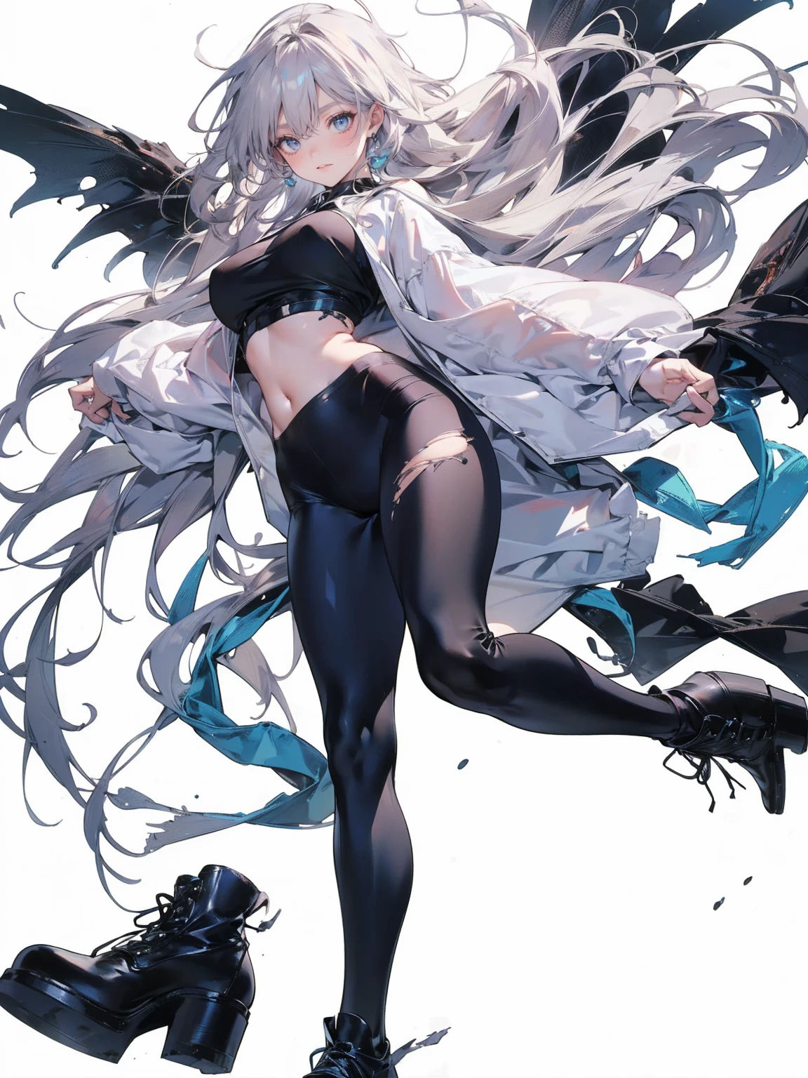 (White Hair Girl), (Thick, dark blue eyebrows:1.4), (Dark blue eyebrows:1.7), (Thick eyebrows:1.3), (Huge black fluffy animal ears:1.1), (Black animal ears:1.1), BREAK, (((Mesh Stitching Crop T-Shirt, Cutout Long Sleeve Top))),BREAK, (Big Breasts:1.2, Thick legs, Adult female body, Sturdy body:1.2), ((full body:1.7, Contrapposto:1.5)), (sharp eyes, Ultra-high definition CG, Precisely designed costumes, 4K, 8K, Ultra-high definition CG, Precisely designed costumes, Clear lines, Expressive and Captivating Eyes, Fine Details and Realistic Textures, cinematic lighting), ((white background)), BREAK, (Wearing black leggings with holes), Skinny sleeves, (Torn and holey leggings:1.2)(Black leggings:1.4), (過剰なRuggedThick soleブーツを履いています:1.2), (Thick sole:1.5), (Big shoes:1.3), ((Beam SE, embarrassed))　