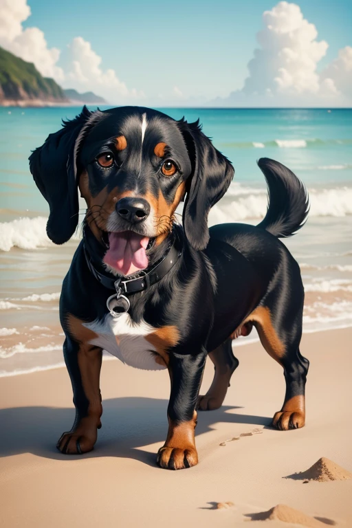 a black sausage dog on the beach, dachshund breed, digital painting, digital art, Disney and Pixar animation style art