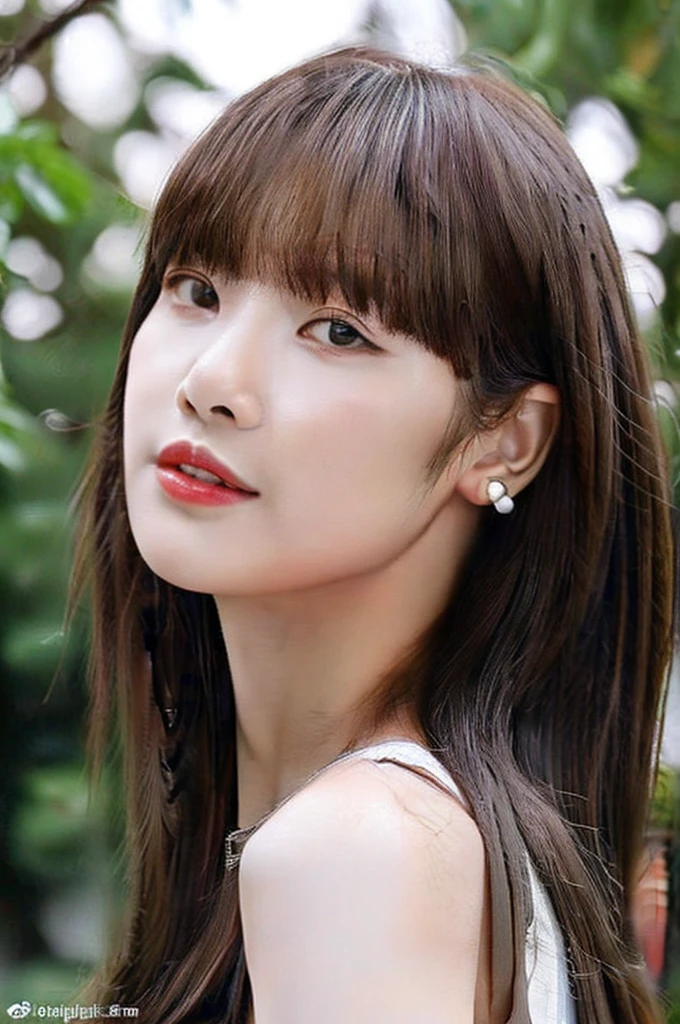 20 years old woman, RAW photo,(bokeh:1.2) (photorealistic:1.4, realistic), highly detailed CG unified 8K wallpapers, 1girl, ((slender body:1)), looking at viewer, ((straight from front)), (HQ skin:1.4), 8k uhd, dslr, soft lighting, high quality, film grain, Fujifilm XT3,  ((upper body shot:1.2)), ((white collared shirt)), (((outdoor, at park))) , ((long brown hair)), full body