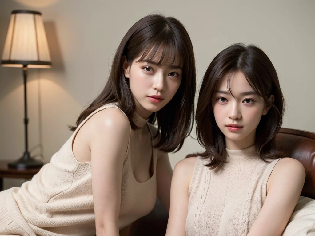 (Sleeveless:1.3) beautiful, thin, Fair Arms Pureeros (super highest quality:1.3) (Very realistic, Realistic:1.3), (Sharp focus:1.3) Pure (Sharp focus:1.3) Wide background々Luxurious living room Bookshelf 3D Beautiful gradients A happy and kind smile Very high quality and stylish See-through bangs Elegant and intelligent Clean and stylish Excellent Education Women's Fashion Magazine model (Realistic and very high quality:1.3). (High resolution/High resolution:1.3) Tabletop, Very delicate and beautiful, Soft Light, (Brown Hair, Shoulder-length straight bob hair) Beautiful detailed girls, Highly detailed eyes and face, beautifully detailed nose, thin and beautiful eyes, 1 girl, Japanese, Pureな beauty, cute, young, Very stylish A spring sweater in spring-like colors Very stylish Supported by women Trending Fashion , (Medium Chest), Realistic Face, Realistic body,