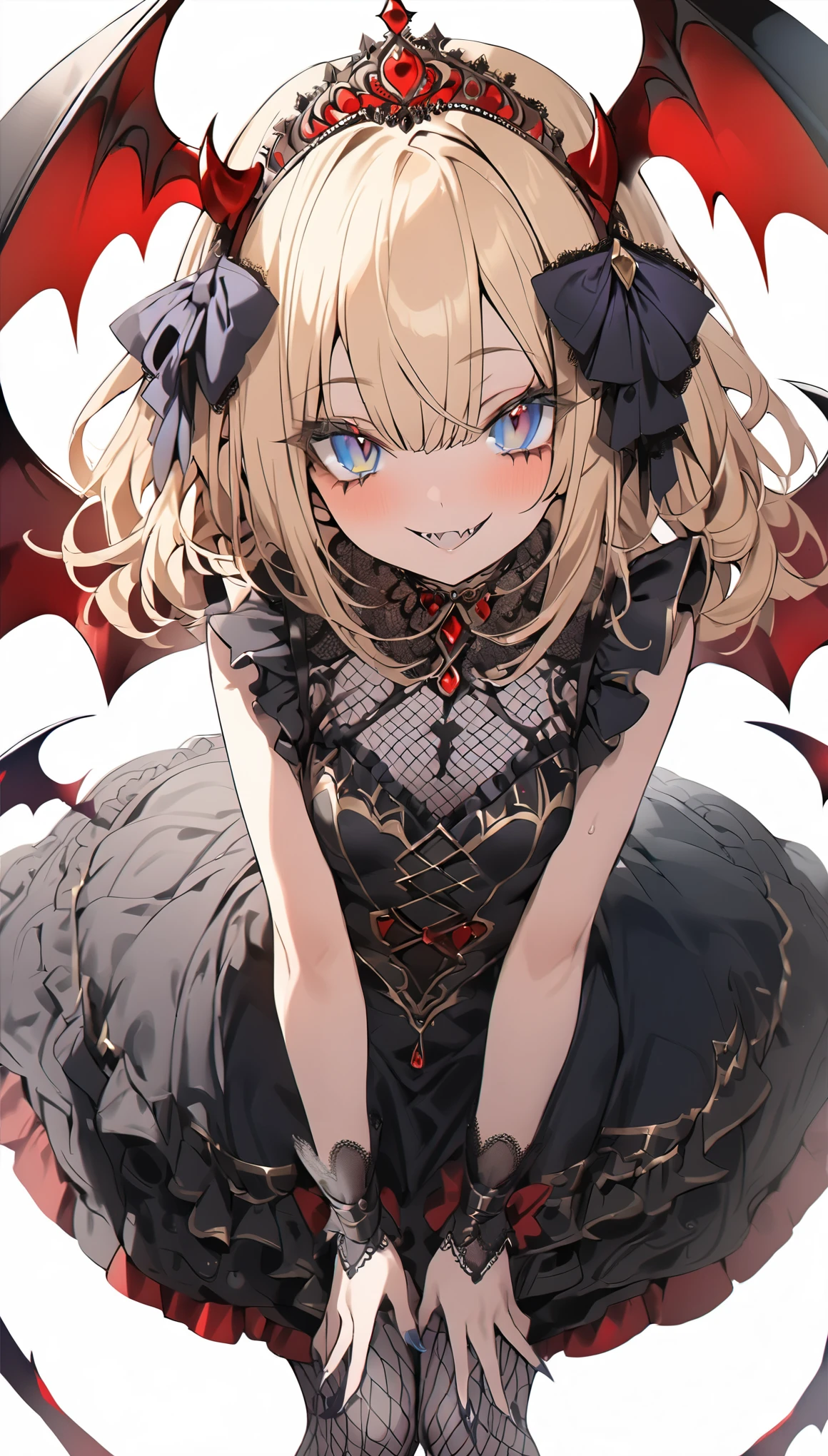 score_9, score_8_up, score_7_up, best quality ,masterpiece, 4k, Japanese anime, 1girl, (medium length hair:1.2), Fishnet tights, drill hair, blonde hair, smallest breasts, (eye lashes:1.3), (eye shadow:1.3), blue eyes, (beautiful detailed eyes:1.4), laugh, dynamic pose, original character, fantasy, (demon wing:1.5),(White background:1.2), beautiful fingers, (blue gold lace frill Gothic dress:1.5), (red tiara:1.5) ,(head ribbon:1.5),shoot from front, looking at viewer, 