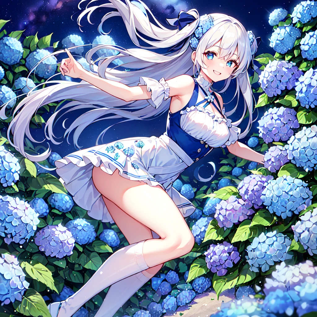 MASTERPIECE, best quality, high quality, extremely detailed, very delicate and beautiful, (1 female 18 years old, solo: 1.2), (long blue hair, two-side up to waist: 1.4), bangs to eyebrows, eyes Sharp eyes, strong glossy glossy eyes, glossy eyebrows, (eye colour blue:1.3), 6.5 head height, (blue hydrangea print summer fashion:1.3), knee socks, frills, lace, (smiling), (running), (dynamic pose), (background blue hydrangea garden:1.5), (Milky Way Night Sky:1.5).