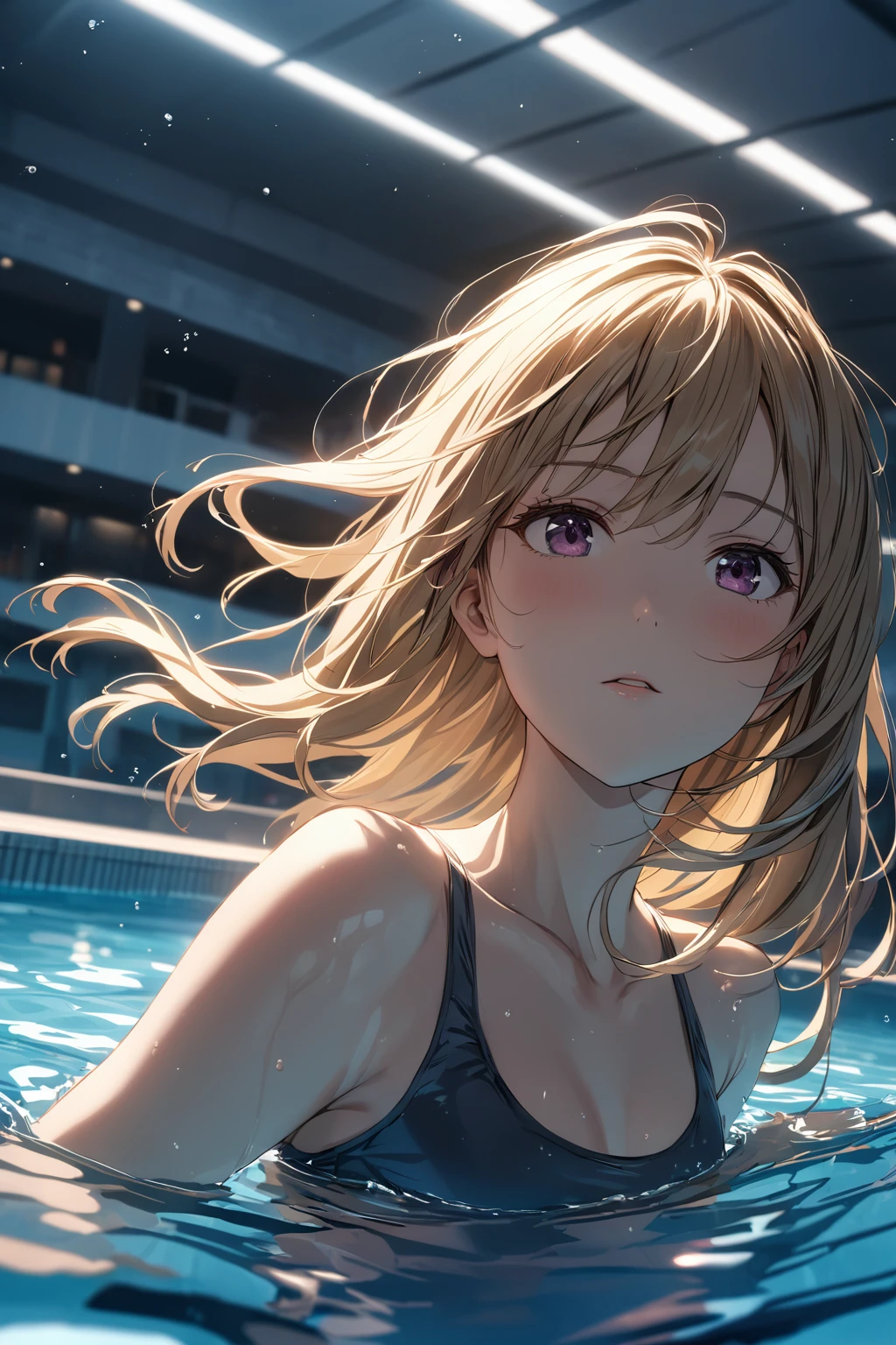 1girl, solo, swimming, school swimsuit, gold hair, long hair, purple eyes, expressionless, motion blur, swimming pool, masterpiece, best quality,, (Depth of field hdr 8k 4k wallpaper cinematic angle, cinematic lighting,:1.5) (masterpiece, best quality:2.0)