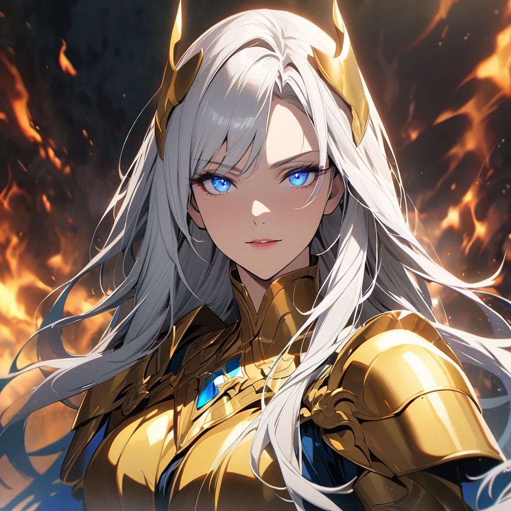 girl, white hair, long hair, glowing blue eyes, golden armor, mature woman, gorgeous, beautiful background, super detail, beautiful color, cool face, aura