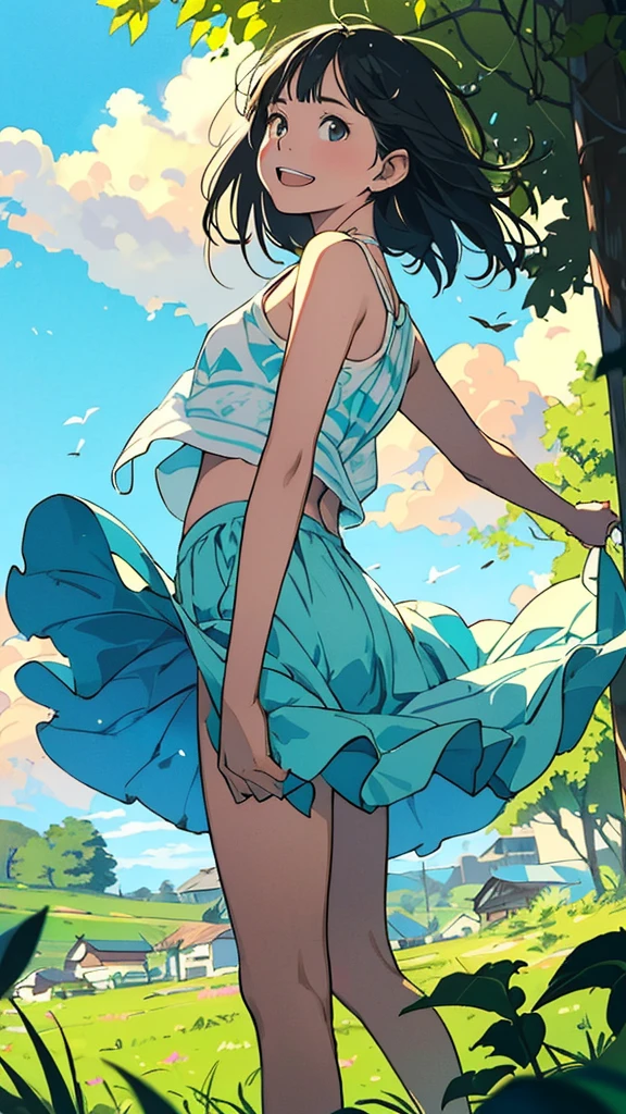 reasonable design, Clear lines, High Sharpness, (highest quality,4k,Perfect sharpness,Ultra fine,High resolution,masterpiece:1.2), Perfect Anatomy:1.5, Official Art, Illustrations that tell a story, (Whitish background:0. 9)、Body Positivity、More Mr.Physical expression、(Random and mischievous poses)、Perfect beauty、Perfect beautiful face、Strong winds、A rich expression、Dynamic composition、smile、Golden ratio composition、colorful、(Mr.Different angles and perspectives)、Anime Art、mini skirt、(Overcoming stereotypes)、 Glowing Skin、(Natural beauty)、smile、bangs、Straight Hair、(Soft and flowing hair)、(Rural Scenery)、(Nostalgic atmosphere)、Insert up to the thighs、(Playful and carefree)、(More Mr.Ethnic characters)、(innocent attitude)、(Sunny atmosphere)、Skirt flipped up、(Bright colors)、Belly button exposed、Beautiful Eyes、A skirt fluttering in the wind、Put it in to your feet、Some composition patterns、Tank top、Angle from behind、Angle from below、