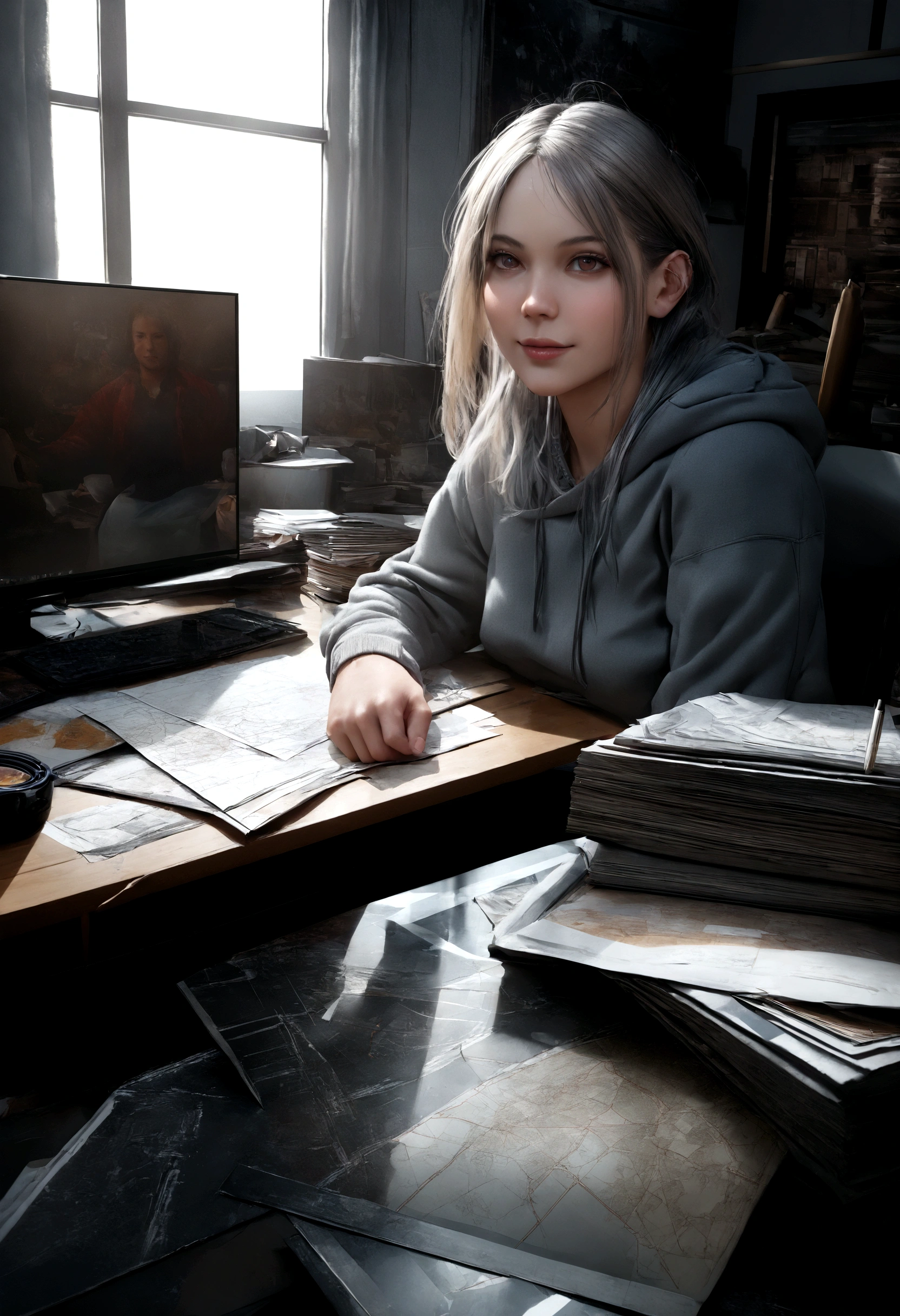 realistic, realism, photorealism, photo-realistic, high contrast, (photorealistic:1.4), 8k high definition detailed realistic,  (best quality, chef-d&#39;artwork:1.2),  cartographie des photons, Radiosity, physics-based rendering, best quality, very detailed, A 3D scene of an overwhelmed entrepreneur sitting at a cluttered desk, surrounded by stacks of papers and multiple computer screens, owmei, graisse, sweatshirt à capuche, slight smile