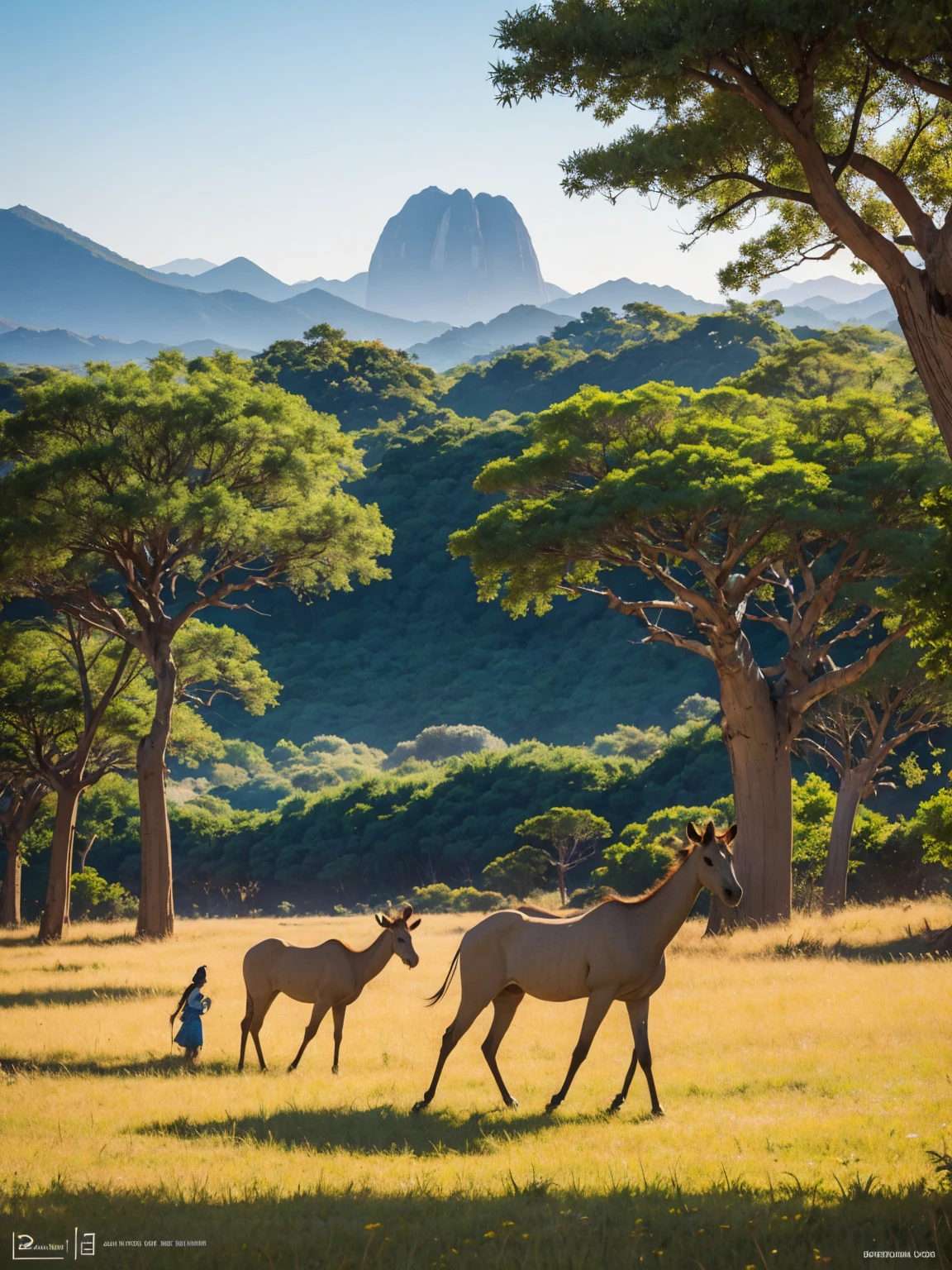 You can see the Korean woman standing gracefully, the costumes with intricate beadwork cascading with her feet, the towering baobab trees in the background, the warm shades of the savannah skyline at dusk, and the silhouette of the mountain. Acacia trees dotted with scenery, abas, tribal jewels reflecting the last rays, colorful wildlife herds scattered in the middle ground, digital painting, very detailed and vibrant