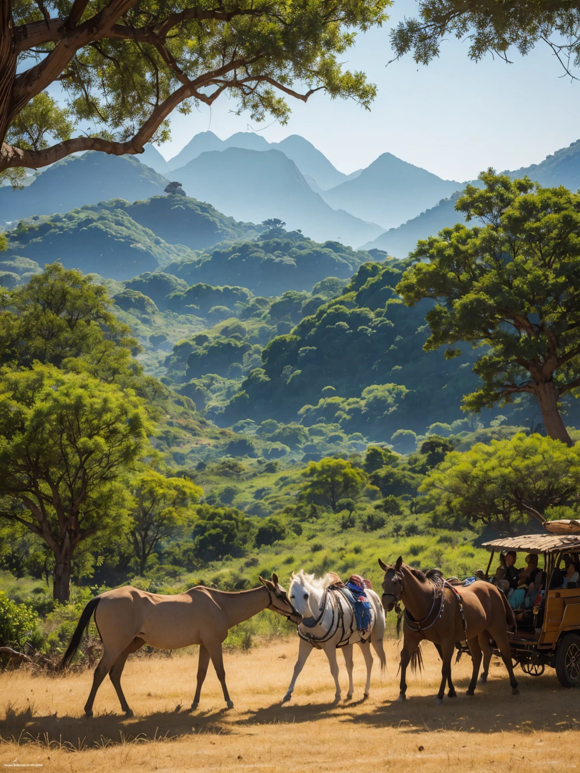 You can see the Korean woman standing gracefully, the costumes with intricate beadwork cascading with her feet, the towering baobab trees in the background, the warm shades of the savannah skyline at dusk, and the silhouette of the mountain. Acacia trees dotted with scenery, abas, tribal jewels reflecting the last rays, colorful wildlife herds scattered in the middle ground, digital painting, very detailed and vibrant