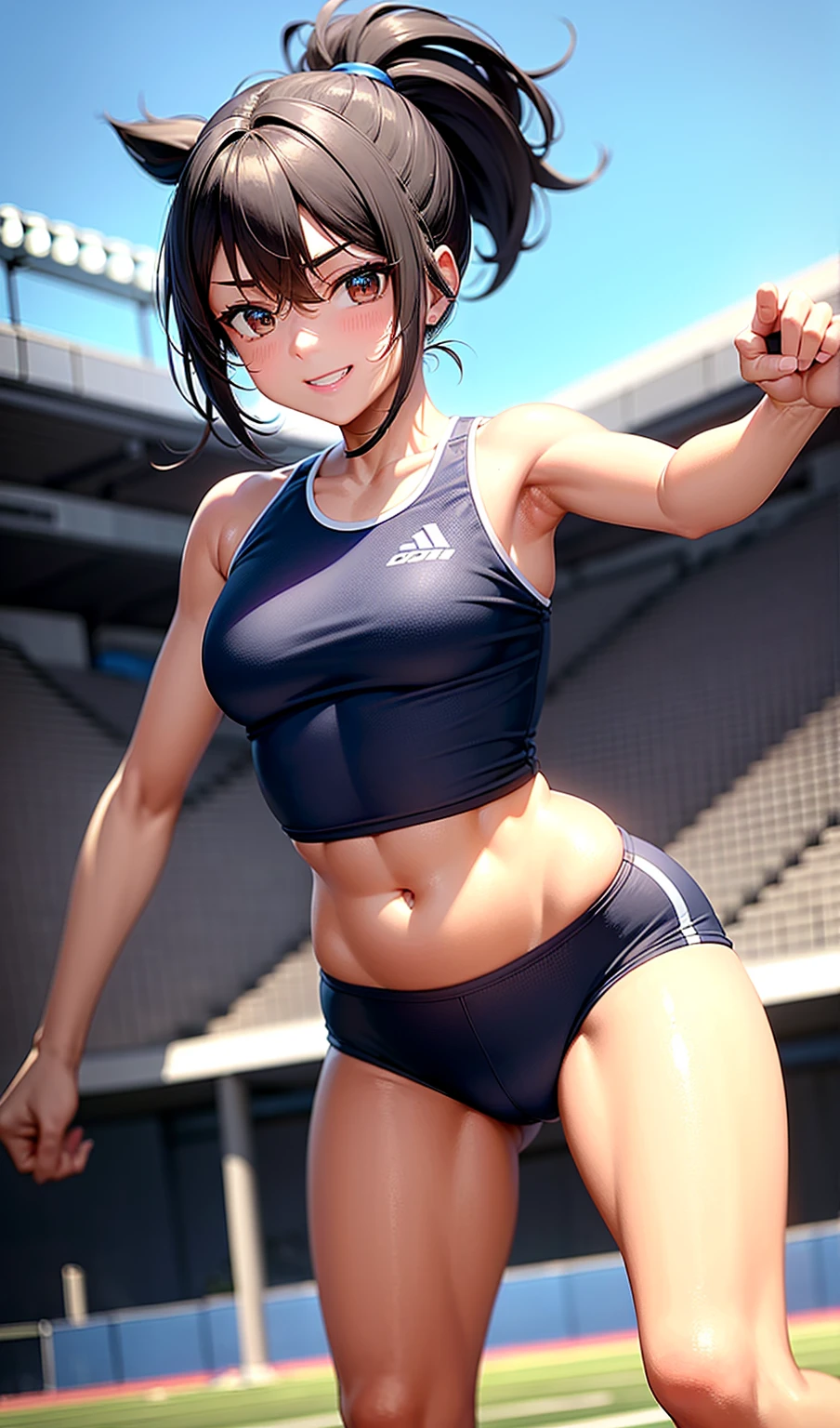 woman。(Athletics)。smile、Dark brown ponytail、(世界Athletics)。(Dark blue track uniform:1.2)、Sleeveless、Outdoor athletic fields。(独立Athleticsユニフォーム)。competition、Perfect hands、Show your belly、Facing the audience、training、Spread your legs