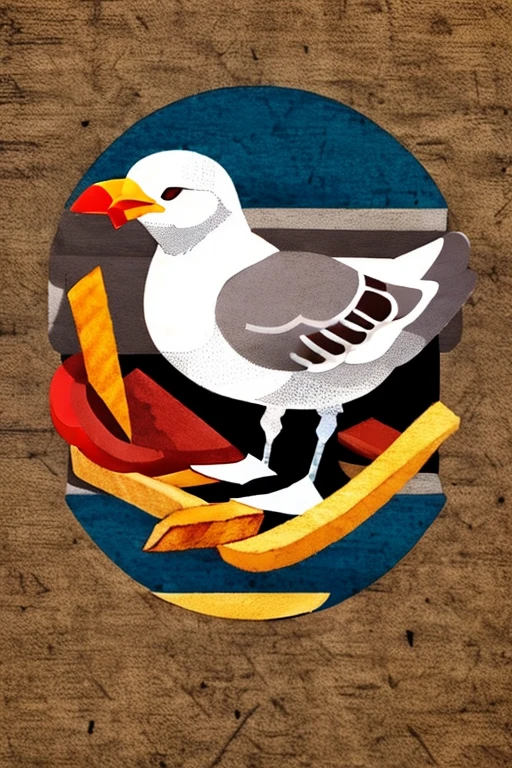 ((emblem)), logo, symbol mark, Sketch, art, ((Seagull)), ((french fries)), colorful, contrast, detail, Movement, free, nature, Flock of birds, food, appetite
