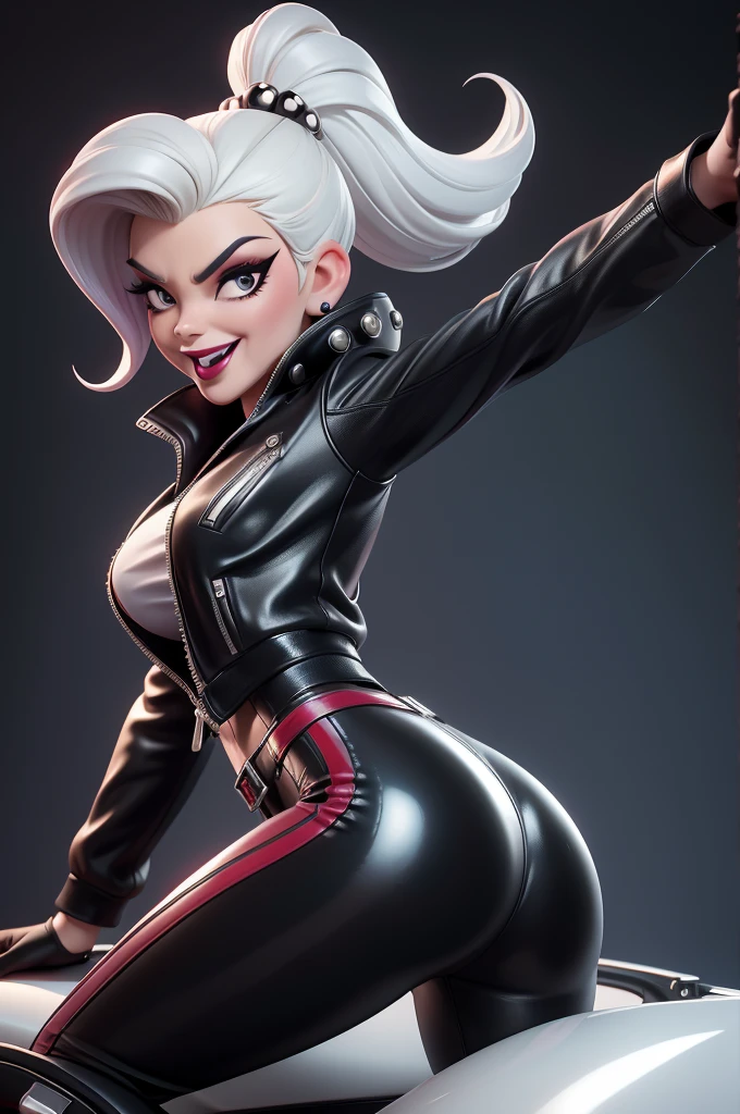 obra prima, melhor qualidade, (emma peel vamp 70yo face wrinkles) head back, sassy wicked girl, big toothy smile, open mouth, ((shiny pearl white lipstick,)) thick smoky black eye shadow, long fake eyelashes, raven black mullet hair, ((cherry red leather biker jacket and pants,)) with studs zippers snaps, shiny leather gloves, body is skinny, laying down on hood of sports car, shiny tight buttocks, dazzle pose, pinup pose, exaggerated selfie pose, camera view of whole body, looking up at me, shallow depth of field, highres, HD, 8k, anatomically correct