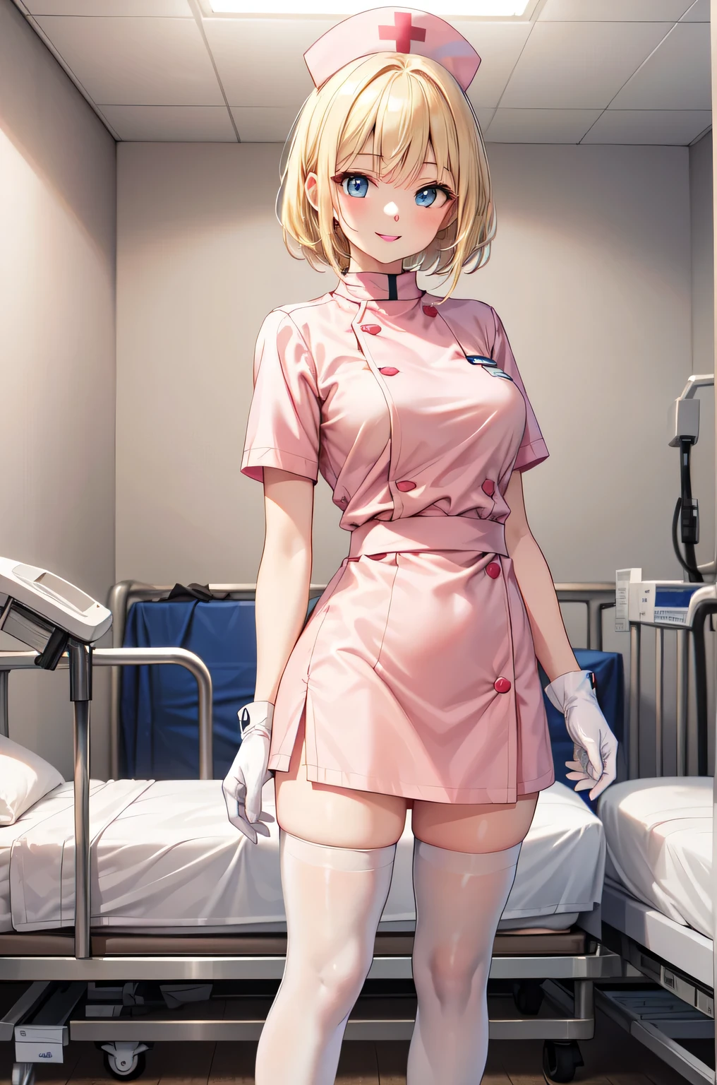 1woman, solo, nurse, white nurse cap, white nurse uniform, ((white legwear, zettai ryouiki)), white gloves, blonde hair, blue eyes, pink lips, smile, standing, ((hospital room)), sharp outline, short sleeves, mature female, 35 years old, best quality, masterpiece