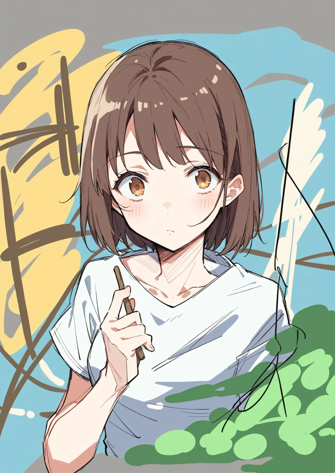 (masterpiece, best quality),anime girl with brown hair and white shirt holding a stick, anime moe artstyle, in an anime style, anime style portrait, in anime style, chihiro! fujisaki, flat anime style shading, subtle anime style, 🤤 girl portrait, iwakura lain, sayori, semirealistic anime style, anime artstyle, by Kamagurka