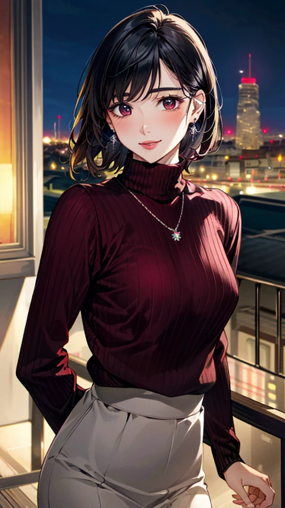 (masterpiece:1.3, Highest quality, Ultra-high resolution, Super detailed), (Realistic, photoRealistic:1.4), Beautiful illustrations, Perfect lighting, colorful, Depth of written boundary, 
Beautiful detailed hair, Beautifully detailed face, Beautiful fine details, Beautiful clavicle, Beautiful body, Beautiful breasts, Beautiful thighs, Beautiful feet, Beautiful fingers, 
View Viewer, Front view:0.6, 1 girl, Japanese, Female college student, Perfect Face, (Perfect Anatomy, Anatomically correct), Cute and symmetrical face, Baby Face, , Shiny skin, 
((burgundy turtleneck sweater：1.4, skirt:1.4)),(Stylish boots:1.2) 
(Brown Hair, Short Hair:1.4),  Dark brown eyes, (Large Breasts), thin, 
necklace, (Small earrings:1.3), 
(Retro feel), (night), (Cafe), Sitting cross-legged on the sofa,, (smile, Open your mouth), 