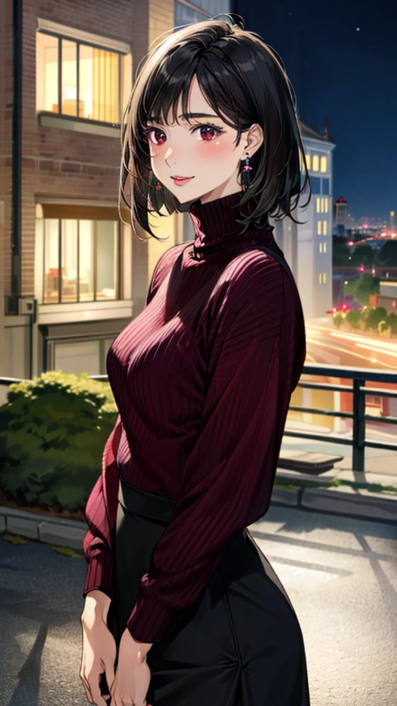 (masterpiece:1.3, Highest quality, Ultra-high resolution, Super detailed), (Realistic, photoRealistic:1.4), Beautiful illustrations, Perfect lighting, colorful, Depth of written boundary,
Beautiful detailed hair, Beautifully detailed face, Beautiful fine details, Beautiful clavicle, Beautiful body, 美しいLarge Breasts, Beautiful thighs, Beautiful feet, Beautiful fingers,
View Viewer、Front view:0.6, Beauty1人, Japanese, Beauty、30 years old, Perfect Face, (Perfect Anatomy, Anatomically correct), Cute and symmetrical face, Baby Face, , Shiny skin,
((burgundy turtleneck sweater:1.4)), ((Long skirt 1.5))
(Black Hair, Short Hair:1.4), Dark brown eyes, (Large Breasts), Slim body,
necklace, (Small earrings:1.3),
(Beautiful views), (night), (city, cityscape in the distance), Standing with good posture, A soft smile、(Smile, Lips parted),