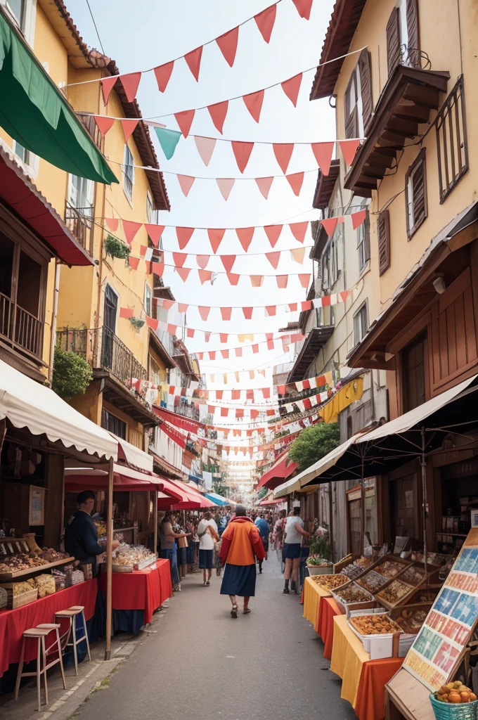 "Create a vibrant and festive poster for a Feast of Saint John. The poster must include a typical June festival atmosphere with elements such as bonfires, colorful flags paper balloons, and a gang dancing. Add details like typical food stalls, live music with accordion players, e pessoas
vestidas com trajes caipiras. Use a bright, warm color palette with a warm, traditional art style. The text must include the name of the event &#39;Festa de São João,as
datas '24 e 25 de junho', the location &#39;Beco da Cumbuca&#39;, e 'Casa de
Lambido'."