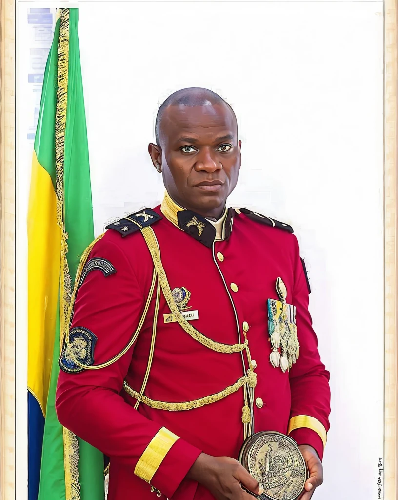 man in uniform holding a medal , Prince Adebanji, portrait n - 9, [ digital art, portrait de cérémonie,  un sang-froid militaire impeccable, academy director, colored, General oligui, photographie de portrait en couleur, 