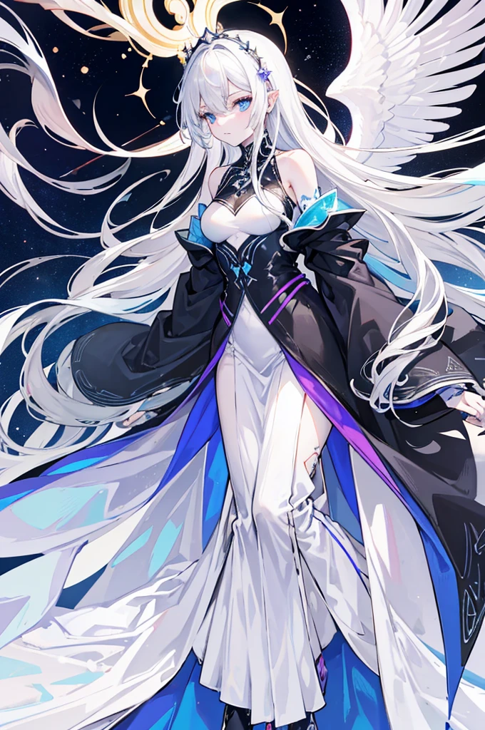 Sigrid, also known as "Divinity," possesses a captivating appearance that exudes an otherworldly aura. As a young male humanoid, Sigrid stands at a height of 5 foot 8, with a slender and delicate frame. His ethereal presence is further enhanced by his striking features - white hair cascading down like a waterfall and piercing blue eyes that seem to hold the secrets of the universe. Draped gracefully over Sigrid's slender form is a long overcoat, its dark blue hue contrasting against his pale complexion. The overcoat gracefully extends below their knees, its fabric adorned with intricate patterns that seem to dance and intertwine with each other. It is a testament to the artistry and craftsmanship that went into its creation. Beneath the overcoat, a dark gray shirt peeks through, bearing a bold symbol at its center - a large X. This X, a striking juxtaposition of red and purple, serves as a visual representation of the duality that resides within Sigrid. It is a symbol that hints at the enigmatic nature of his being. Sigrid's attire continues with pants that elegantly taper down to their ankles, allowing for freedom of movement. Completing his ensemble are a pair of boots, sturdy yet stylish, providing a solid foundation for each step he will take. Upon closer inspection, one would notice the presence of four bands adorning Sigrid's jacket. Two bands encircle each arm, while the other two wrap around the area where his rib cage would be located. These bands, a shade of dark gray, serve as a subtle accent to his overall attire. Delicately patterned Xs adorn the bands, positioned at four even angles, with a single line traversing through all of them. It is a meticulous detail that adds a touch of mystique to Sigrid's ensemble. Sigrid, known as "Divinity," is a vision of elegance and intrigue. His appearance, from the flowing white hair to the intricate patterns on their attire, is a testament to his unique and captivating nature