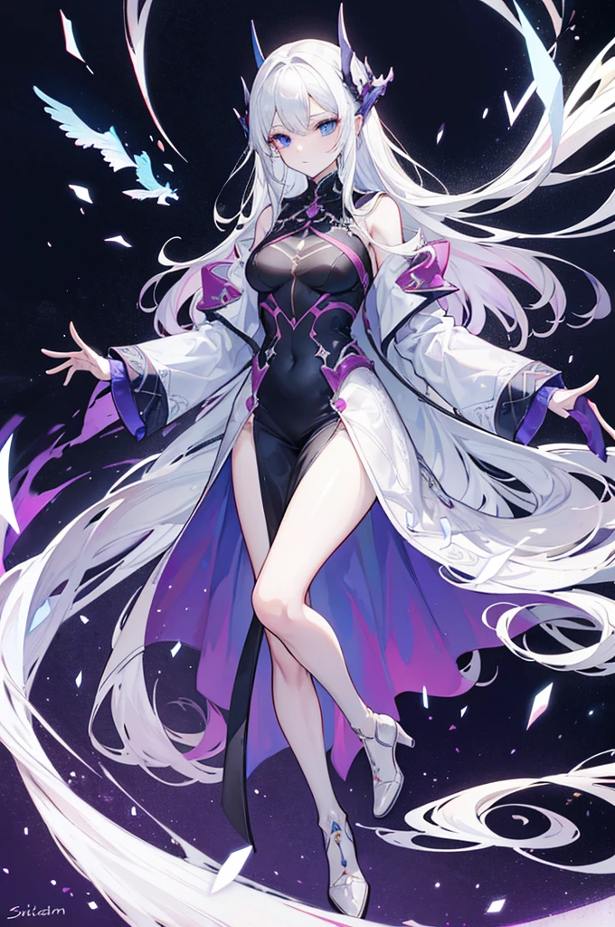 Sigrid, also known as "Divinity," possesses a captivating appearance that exudes an otherworldly aura. As a young male humanoid, Sigrid stands at a height of 5 foot 8, with a slender and delicate frame. His ethereal presence is further enhanced by his striking features - white hair cascading down like a waterfall and piercing blue eyes that seem to hold the secrets of the universe. Draped gracefully over Sigrid's slender form is a long overcoat, its dark blue hue contrasting against his pale complexion. The overcoat gracefully extends below their knees, its fabric adorned with intricate patterns that seem to dance and intertwine with each other. It is a testament to the artistry and craftsmanship that went into its creation. Beneath the overcoat, a dark gray shirt peeks through, bearing a bold symbol at its center - a large X. This X, a striking juxtaposition of red and purple, serves as a visual representation of the duality that resides within Sigrid. It is a symbol that hints at the enigmatic nature of his being. Sigrid's attire continues with pants that elegantly taper down to their ankles, allowing for freedom of movement. Completing his ensemble are a pair of boots, sturdy yet stylish, providing a solid foundation for each step he will take. Upon closer inspection, one would notice the presence of four bands adorning Sigrid's jacket. Two bands encircle each arm, while the other two wrap around the area where his rib cage would be located. These bands, a shade of dark gray, serve as a subtle accent to his overall attire. Delicately patterned Xs adorn the bands, positioned at four even angles, with a single line traversing through all of them. It is a meticulous detail that adds a touch of mystique to Sigrid's ensemble. Sigrid, known as "Divinity," is a vision of elegance and intrigue. His appearance, from the flowing white hair to the intricate patterns on their attire, is a testament to his unique and captivating nature