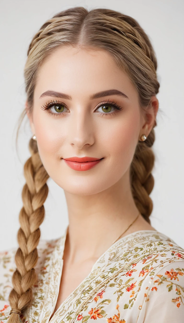 [Eva Elfie |Sybil A | Bunny Colby], 1girl, solo, long detailed eyelashes, (detailed large brown greenish eyes), (slim, symmetrical and well-proportioned nose), (high cheekbones), (full and plumps lips), well-defined chin, well-contoured neck, (healthy,smooth and clear detailed skin texture:1.1), (minimum hair, realistic hair:1.2), 36DD ??????, HAIR: ({brown | blonde} hair, Twin Braids:1.1), CLOTHING: blouse and sari , BREAK; LOCATION: studio, (WHITE BACKGROUND:1.3), (looking at viewer),face poses, smiling, 50mm standard lens,f/1.2 aperture, 1/60s shutter, Hasselblad medium format camera, Full frame sensor, soft lighting, (photorealistic), Ultra High Definition, Raw Photo,