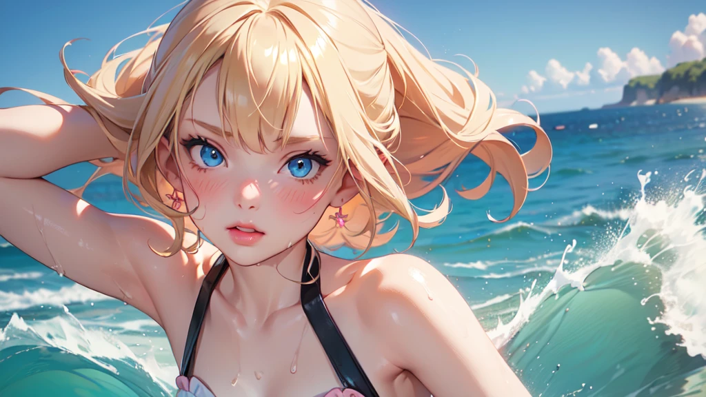 1girl, solo, elegant hair (upper body: 1.1), (side at the viewer: 1.1),Piped Splice Wide Strap One Piece Swimsuit , filmg , sweet_****ta, Best quality, masterpiece, blond hair, blue eyes, Exquisite mouth,Very detailed face, blush, Shiny wet skin, Pink lips, Delicate lips, beach background, splashing in the water