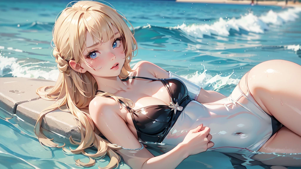1girl, solo, elegant hair (upper body: 1.1), (side at the viewer: 1.1),Piped Splice Wide Strap One Piece Swimsuit , filmg , sweet_ta, Best quality, masterpiece, blond hair, blue eyes, Exquisite mouth,Very detailed face, blush, Shiny wet skin, Pink lips, Delicate lips, beach background, splashing in the water