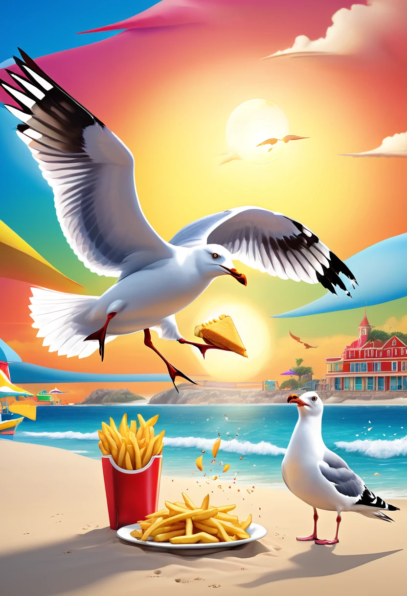 ((well-defined cartoon style:1.4)), ((a seagull stealing fries from a person on the beach, flying with the fries in its beak, funny satirical image:1.5)), ((cartoon of the 90;1,41)), colorful, vibrant colors, bright lighting, detailed character design, whimsical, imaginative, (best quality, 4k, 8k, high resolution, Masterpiece:1.2), ultra detailed, (realistic, photorealistic, photorealistic : 1.37), highly detailed, dynamic composition, 3D rendering, 8k, studio lighting, sharp focus, vivid colors, magical realism