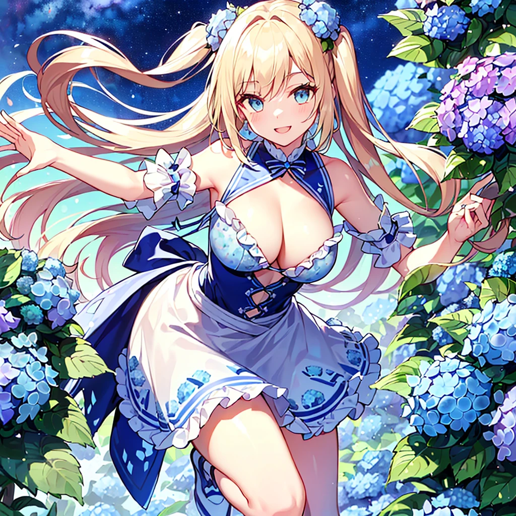 MASTERPIECE, best quality, high quality, extremely detailed, very delicate and beautiful, (1 female 18 years old, solo: 1.2), (long blue hair, two-side up to waist: 1.4), bangs to eyebrows, eyes Sharp eyes, strong glossy glossy eyes, glossy eyebrows, (eye colour blue:1.3), 6.5 head height, (blue hydrangea print summer fashion:1.3), knee socks, frills, lace, (smiling), (running), (dynamic pose), (background blue hydrangea garden:1.5), (Milky Way Night Sky:1.5).