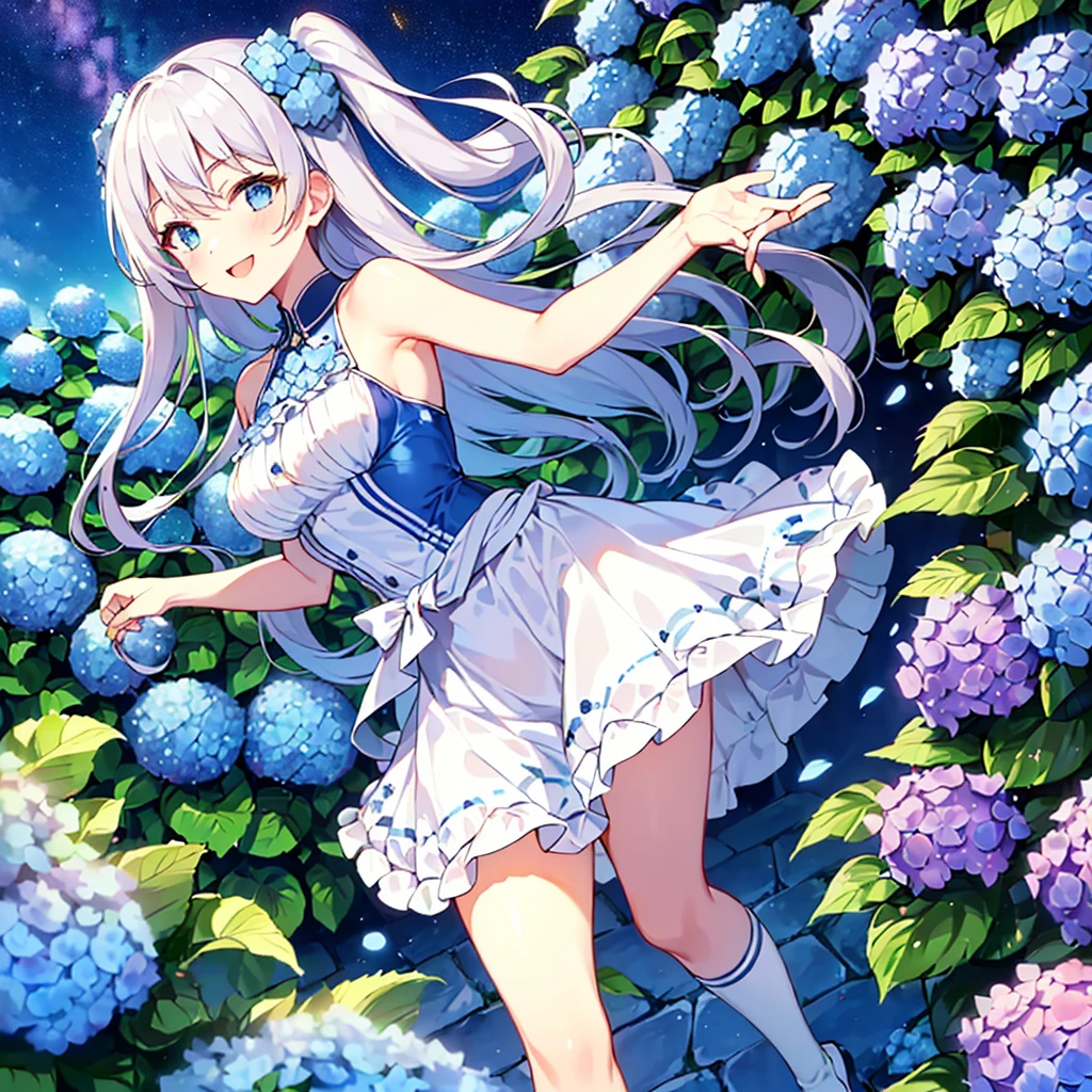 MASTERPIECE, best quality, high quality, extremely detailed, very delicate and beautiful, (1 female 18 years old, solo: 1.2), (long blue hair, two-side up to waist: 1.4), bangs to eyebrows, eyes Sharp eyes, strong glossy glossy eyes, glossy eyebrows, (eye colour blue:1.3), 6.5 head height, (blue hydrangea print summer fashion:1.3), knee socks, frills, lace, (smiling), (running), (dynamic pose), (background blue hydrangea garden:1.5), (Milky Way Night Sky:1.5).