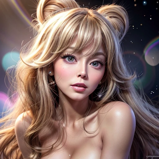 NSFW, 8k, High-level, absurd, masterpiece, best quality, primitive, very detailed CG, very detailed wallpaper, perfect lighting, Extremely detailed ((( personifying " Farrah Fawcett Majors " as a Little Girl))), MysticSight, Tyndall effect, Tyndall scattering, (Studio gray background with (Overflowing oodles Dazzling RainbowColorParticles (BokeH))), (RoundlyButts, ThighGap), (Exposed:0.4), (Assfocus with looking ahead) BREAK (Acutance:0.88), (NOGIZAKA face variations) Extremely Detailed very KAWAII face variations, perfect anatomy, Childish, CaptivatingGaze ElaboratePupils detailed Eyes with (sparkling highlights:1.28), (Voluminous LongEyelashes、GlossyRED Lips with beautiful details, RosyCheeks, Radiant PearlSkin with Transparency . { (Dynamic LifeLike expressions:1.4) | :d) }, (large eyes:-1) .