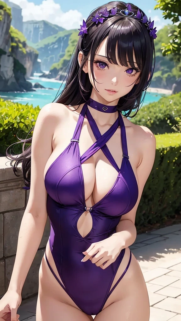 A girl wearing a purple high-cut swimsuit, Purple updo、Purple Eyes、Bangs、tiara, scenery, Sexy expression, ((Very detailed)), (Perfectly detailed face), (Detailed and well-drawn hand) 、Very large breasts、Photorealistic images.