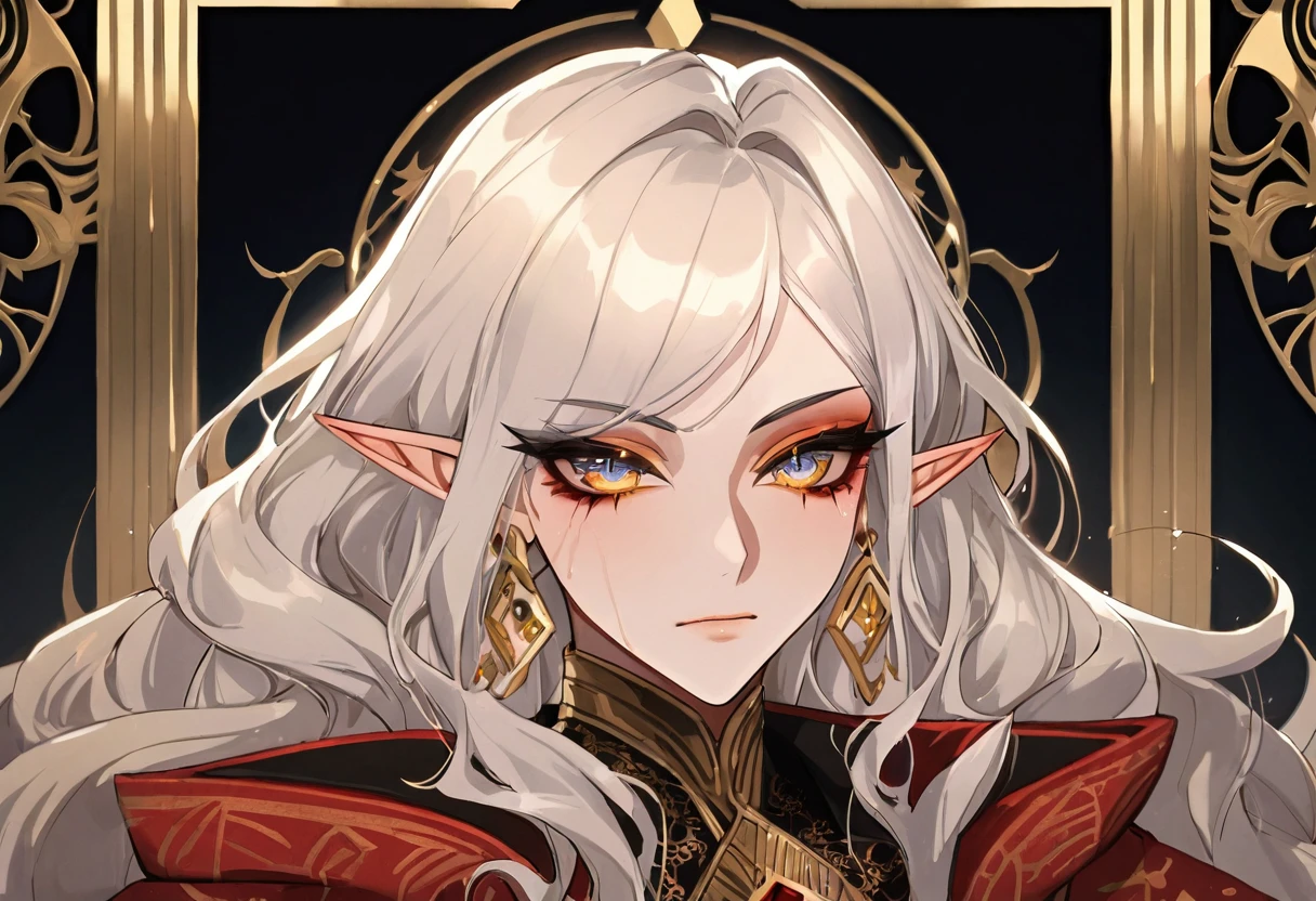 (masterpiece),(highest quality),highres, (extremely detailed), ultrahires, (yellow skin 1.5), altmer, male, pretty boy, anime guy, anime boy, dollish eyelashes, long wavy hair, portrait, matador, delicate lace, richly patterned brocade, smoky eyes, egyptian eyeliner, ostentatious brocade robes, glamorous, gorgeous, stunning eyes, jewelry, veils, golden skin, dewy skin, bjd, glossy eyelids, wet eyeshadow, vibrant, pointy chin, v shaped jaw, domineering, proud, slender, high elf, curly hair,