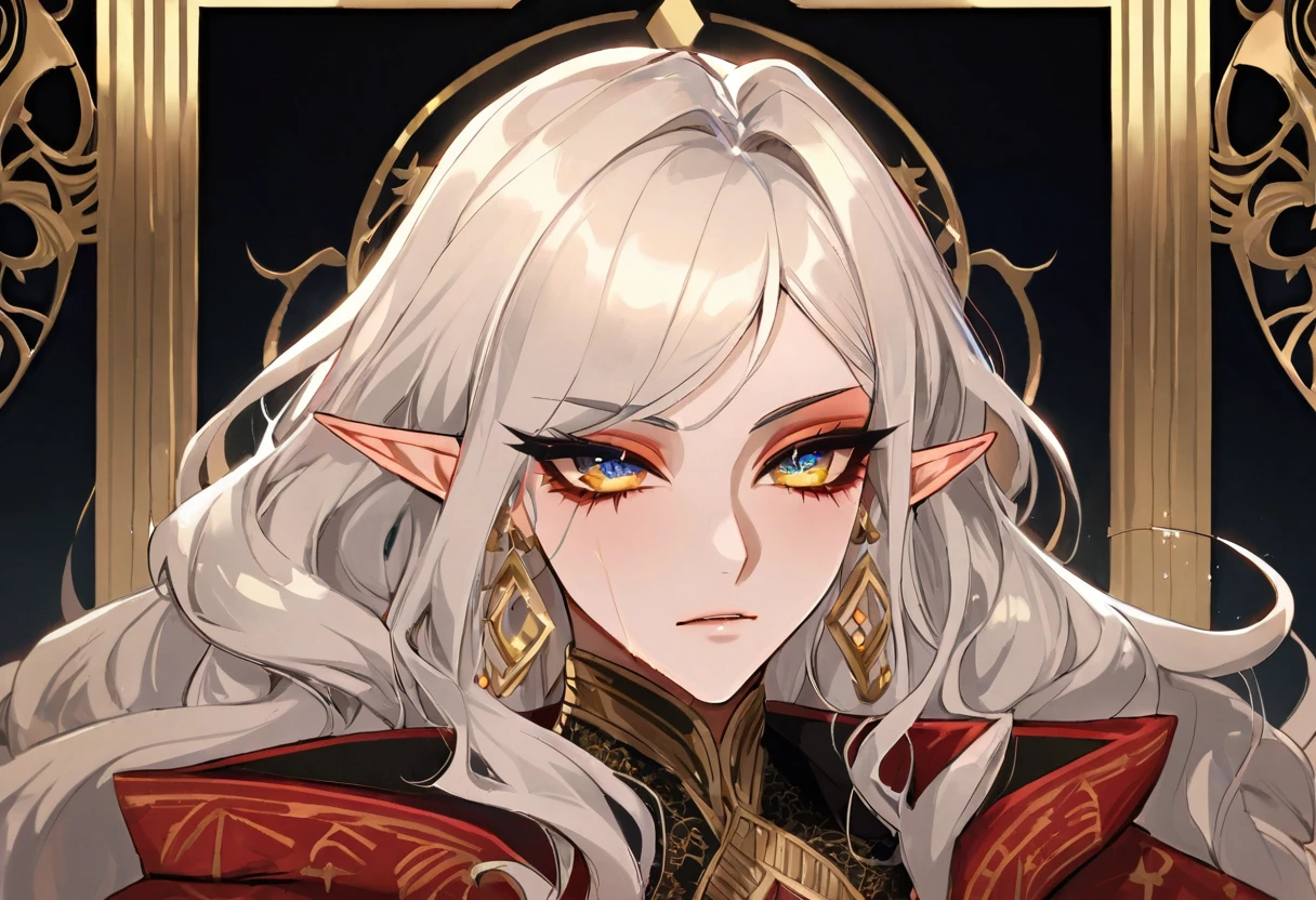 (masterpiece),(highest quality),highres, (extremely detailed), ultrahires, (yellow skin 1.5), altmer, male, pretty boy, anime guy, anime boy, dollish eyelashes, long wavy hair, portrait, matador, delicate lace, richly patterned brocade, smoky eyes, egyptian eyeliner, ostentatious brocade robes, glamorous, gorgeous, stunning eyes, jewelry, veils, golden skin, dewy skin, bjd, glossy eyelids, wet eyeshadow, vibrant, pointy chin, v shaped jaw, domineering, proud, slender, high elf, curly hair,