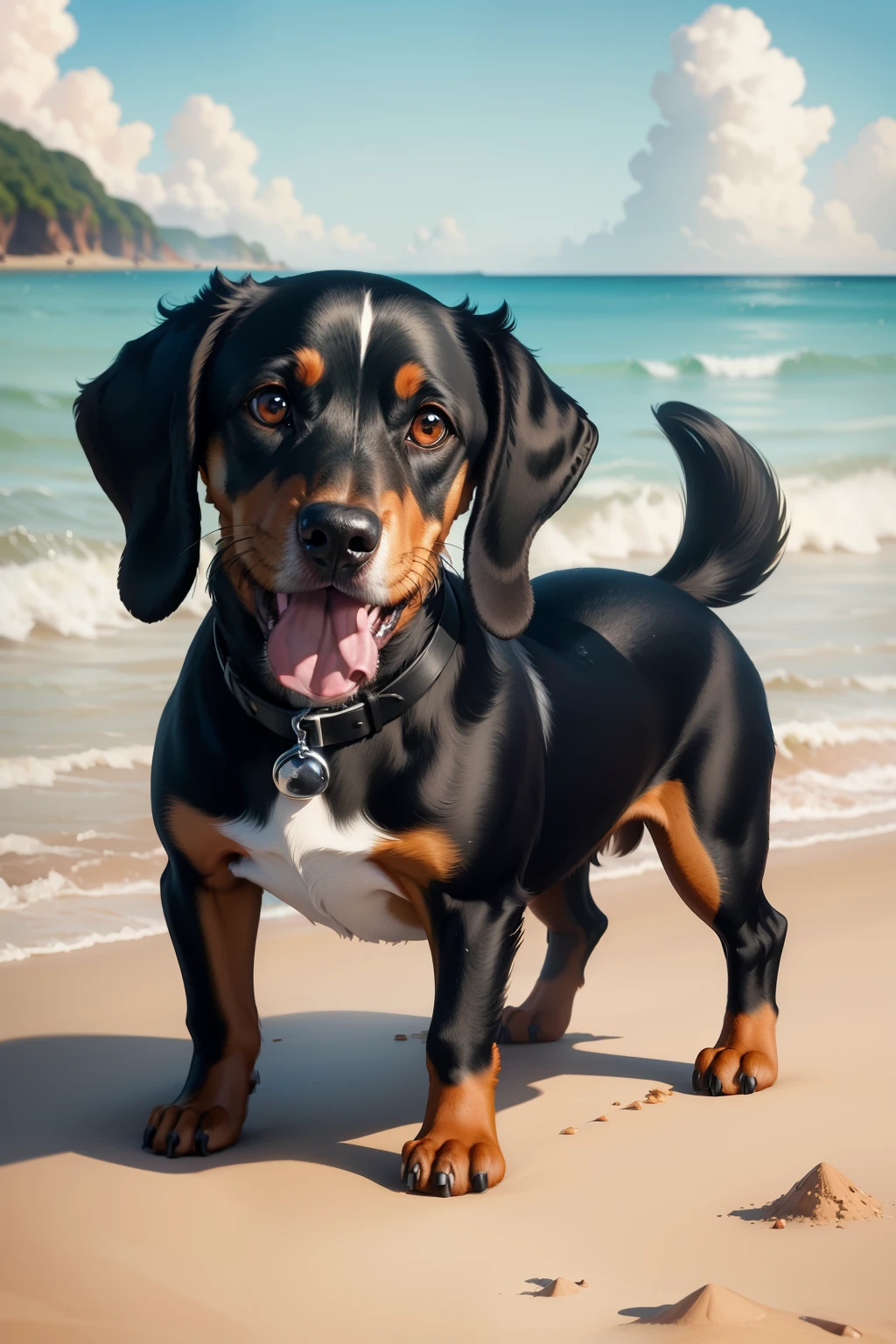 a black sausage dog on the beach, dachshund breed, digital painting, digital art, Disney and Pixar animation style art