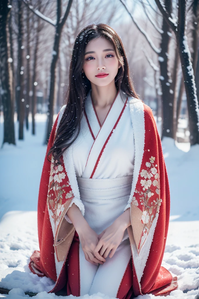(realism), (Top image quality), (Ultra-high resolution), 8K, Original Photography, (masterpiece),  (From head to calves:1.5)、(Best quality details)，1 girl、Very detailed、High quality textures、Intricate details、Very detailed的CG、High quality shadows，Depth of Field、Ray Tracing,joy，sit down，charming, Slender, (Red gorgeous kimono),(Plush cape)，(Beautiful flower kimono),Real hair, Ultra-realistic skin texture, Dynamic poses,(A faint smile),Japanese Garden,(暴风snow，covered with snow，snow，outdoor)，