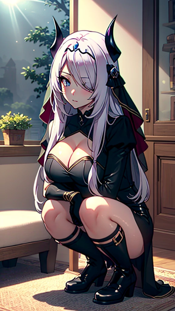 Highest quality,Masturbation,Pussy juice,Squat,horn, tiara, Veil, Black bodysuit, Pauldrons, Long sleeve, Cleavage cutout, Black gloves, Black overskirt, Black trousers,Show me your boots,leotard,elegant, 1 Girl, cute, Blushed, Looking at the audience, Beautiful Eyes, Beautiful background, Particles of light, Light of the sun, Dramatic lighting, outside, Shiny, Realistic, Highest quality, Very detailed, Get used to it, scenery, Beautiful and detailed, Thin Hair,Full Body Shot,