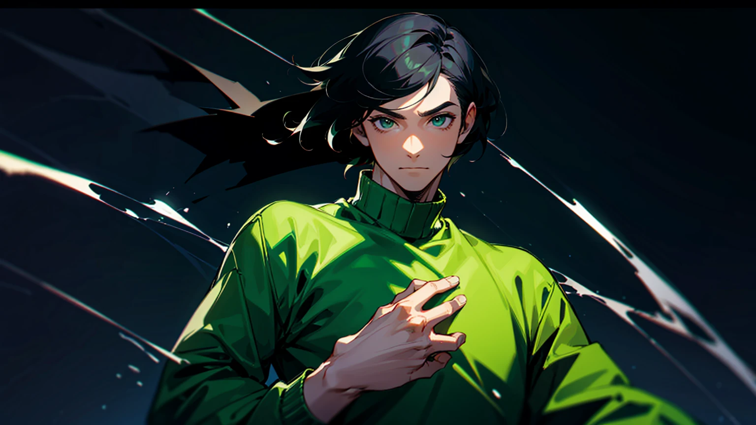 short black hair man green sweater