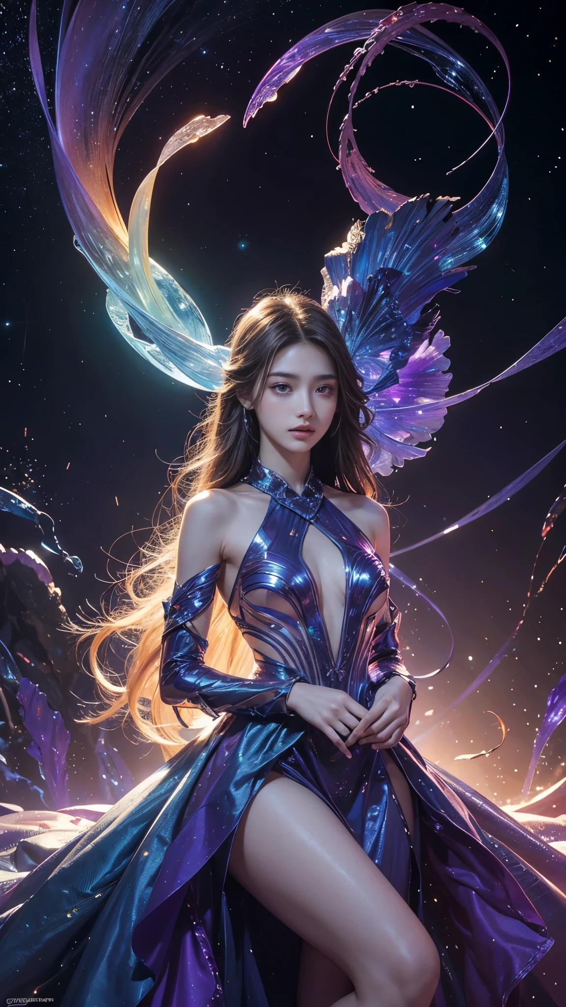 Full figure, seven -clinging shooting, 18 years old, wearing transparent science fiction dress, exquisite faces, details, hands, ultimate details, amazing magnificence, LED internal lighting, Pedaipan style, fiber hair, glowing rainbow iris, glowing rainbow iris,