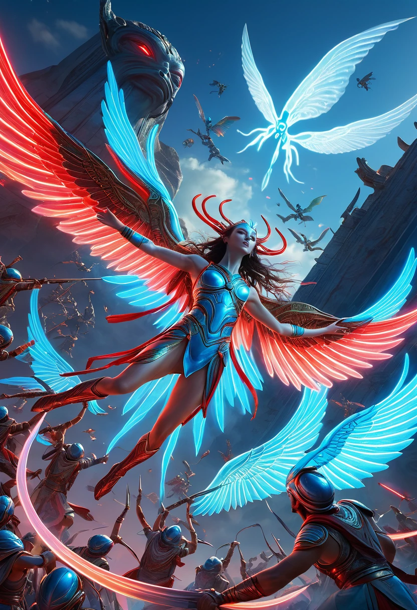 Danligur,Eva, emerging, fallen alien from the sky with wings, fighting against an army of ancient immortals, aerial shot, concept art, realistic, intricate detail, painted pastel colors, beautiful light blue red neon, --ar 4:5 --uplight