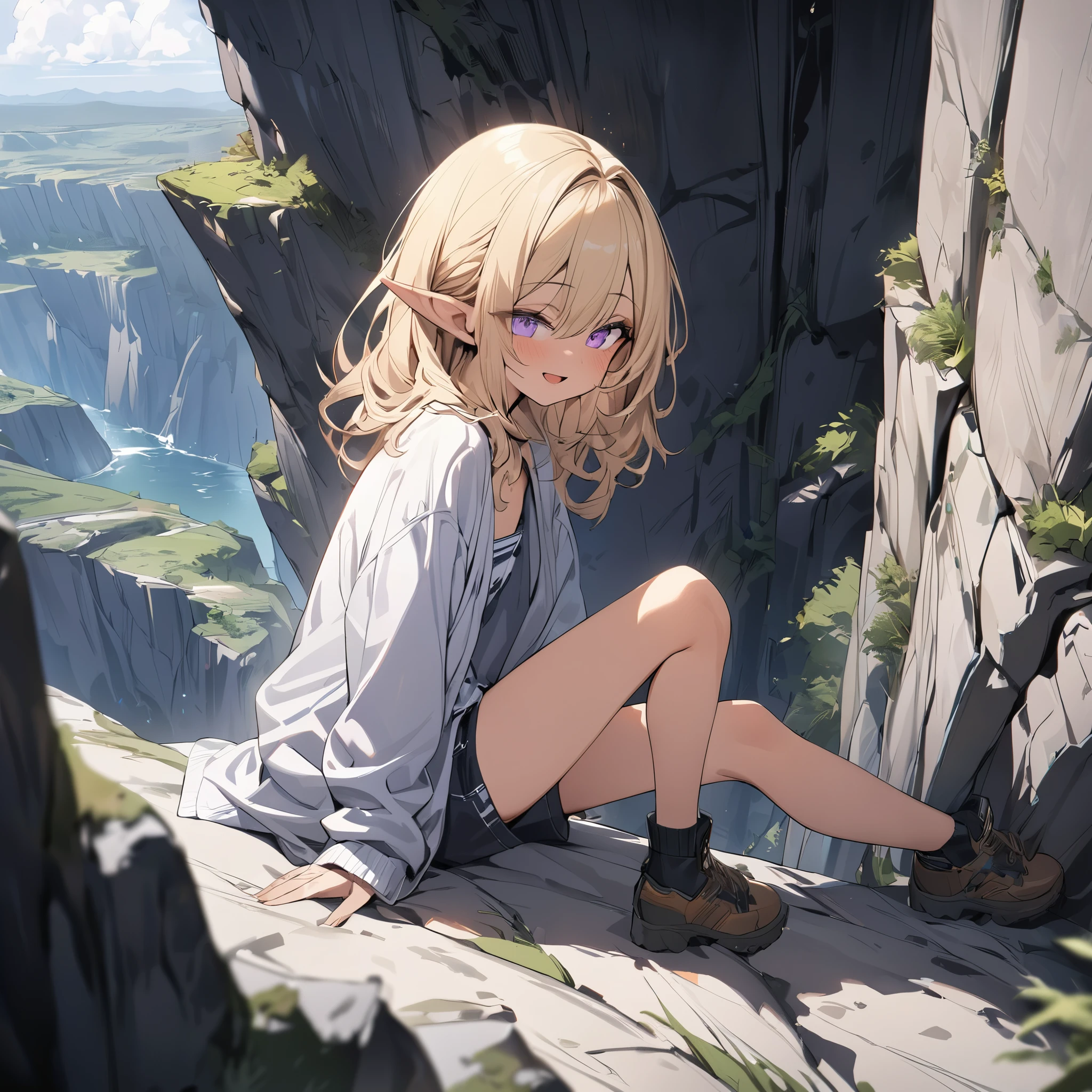 ((Masterpiece)), ((best quality)), (Anime:1.4), (super detail:1.2), (High Definition:1.3), (Professional Photography:1.3), (wide shot), (sharp focus), (perfect light), ((12 years old)), (1girl), cute young girl, (from side), (nauhty smile), open mouth, (Beautiful purple eyes:1.2), (dark skin), elf girl, wear a long cardigan, flat chest, slim body, (very long bangs:1.3), unruly hair, (medium hair), ((beautiful blond hair)), shortpants, BREAK, ((best quality)), sitting on the ground, (knee up), (Cliffs over 100 meters above sea level)), (super detail:1.2),