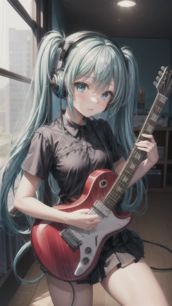 ((masterpiece, Highest quality))One girl, alone, Black Dress, blue eyes, electric guitar, guitar, Headphones, Double Ponytail, Holding, Holding plectrum, musical instrument, Long Hair, music, One side up, Turquoise Hair, Twin tails, guitarを弾く, Pleated skirt, Black Shirt, interior