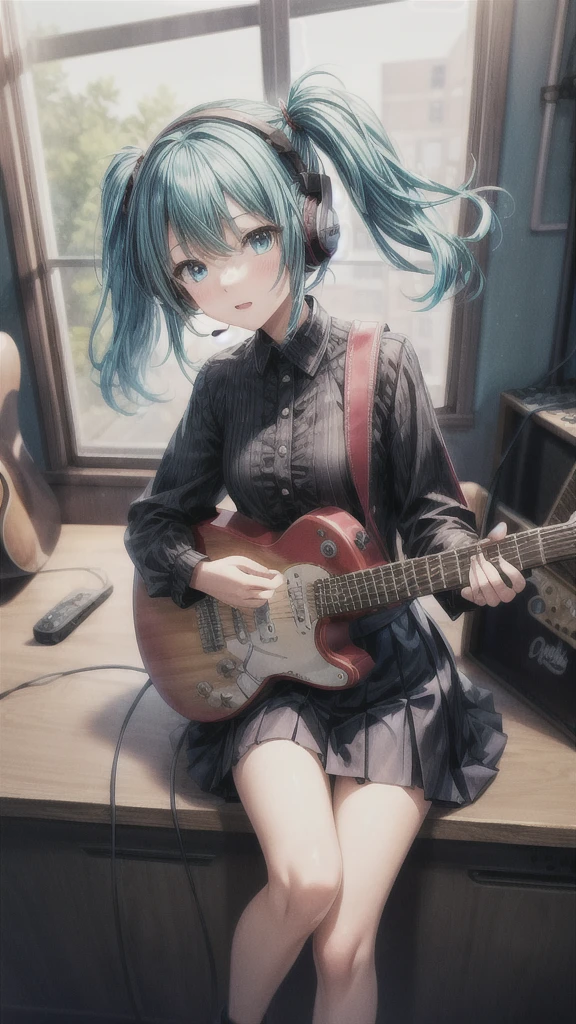 ((masterpiece, Highest quality))One girl, alone, Black Dress, blue eyes, electric guitar, guitar, Headphones, Double Ponytail, Holding, Holding plectrum, musical instrument, Long Hair, music, One side up, Turquoise Hair, Twin tails, guitarを弾く, Pleated skirt, Black Shirt, interior