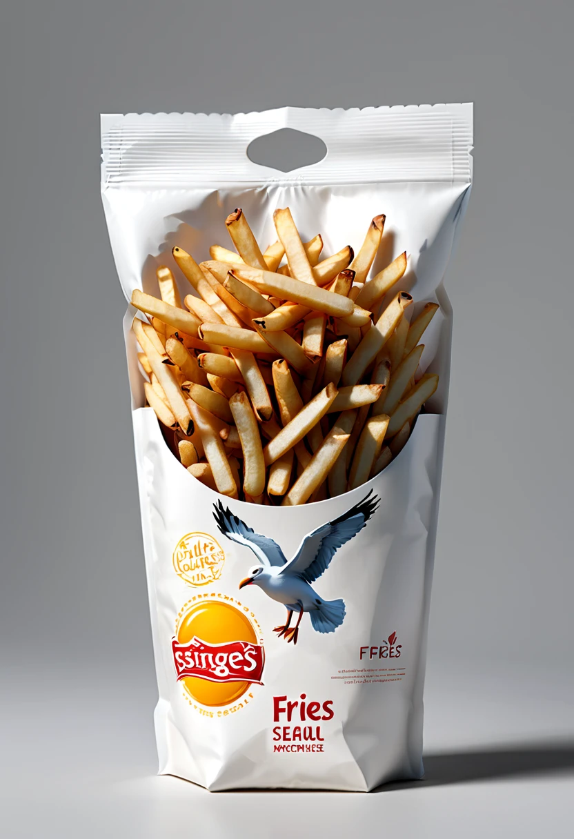 Modern packaging design, Fries packaging, eating Seagull, illustration, simple background, HD resolution, simple style, actual, Natural light, (masterpiece, best quality, Professional, perfect composition, very aesthetic, absurdres, ultra-detailed, intricate details:1.3)