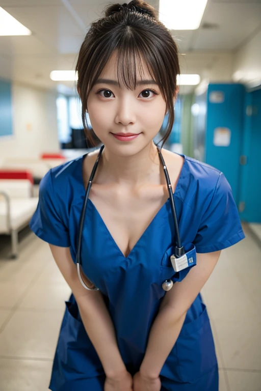 (25 years old:1.2), (8k, raw photo realistic:1.2), lovely idol, fullbody 
BREAK 
nurse idol, (wearing blue medical scrubs:1.3), nurse in a modern hospital setting, (Crouching movement), large breasts:1.1, She has a confident and professional demeanor, medical tools in her pockets, The background features a well-lit hospital corridor with medical equipment and windows, (sadly smile, wavy hair, hair bun)
BREAK 
masterpiece, (best quality:1.2), ultra highres, (photorealistic:1.4), (extremely perfect ??????? body parts), realism, natural light, depth of fields, Detailed Background, perfect composition,highly detailed, detailed face, extremely detailed, ultra-detailed, 8K wallpaper, extremely awesome detailed, dynamic lighting, deep shadows, photorealistic, realistic face, well-groomed face, japanese cute idol, cute & sexy, prostitute_expression, adorable, (pretty idol), (small mouth), small head, ((chiseled face)), no makeup, natural skin, pores, (absurdly cute)