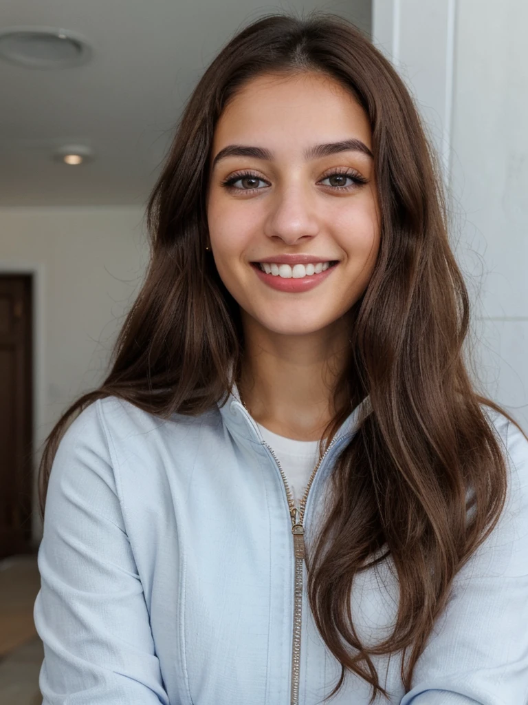 one cute women, 20YO, white, Arab, cute face, realistic brown eyes, blue jacket, brown hair, cute smile, skinny face, white realistic teethes, big eyes, long hair